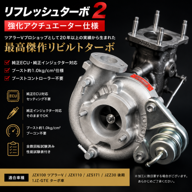 リフレッシュターボ2 強化アクチュエーター仕様。1JZ-GTE用リビルトターボ。JZX100・JZX110・JZS171・JZZ30後期対応。純正ECU・純正インジェクター対応、ブースト約1.0kg/cm²仕様。